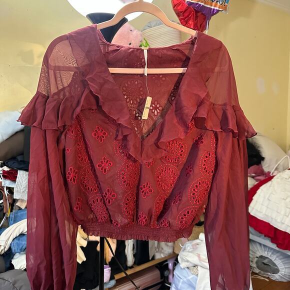 NWT Free people Life's A Party Blouse Wine‎ Red Burgundy Size XS Lace Sheer - Picture 12 of 13